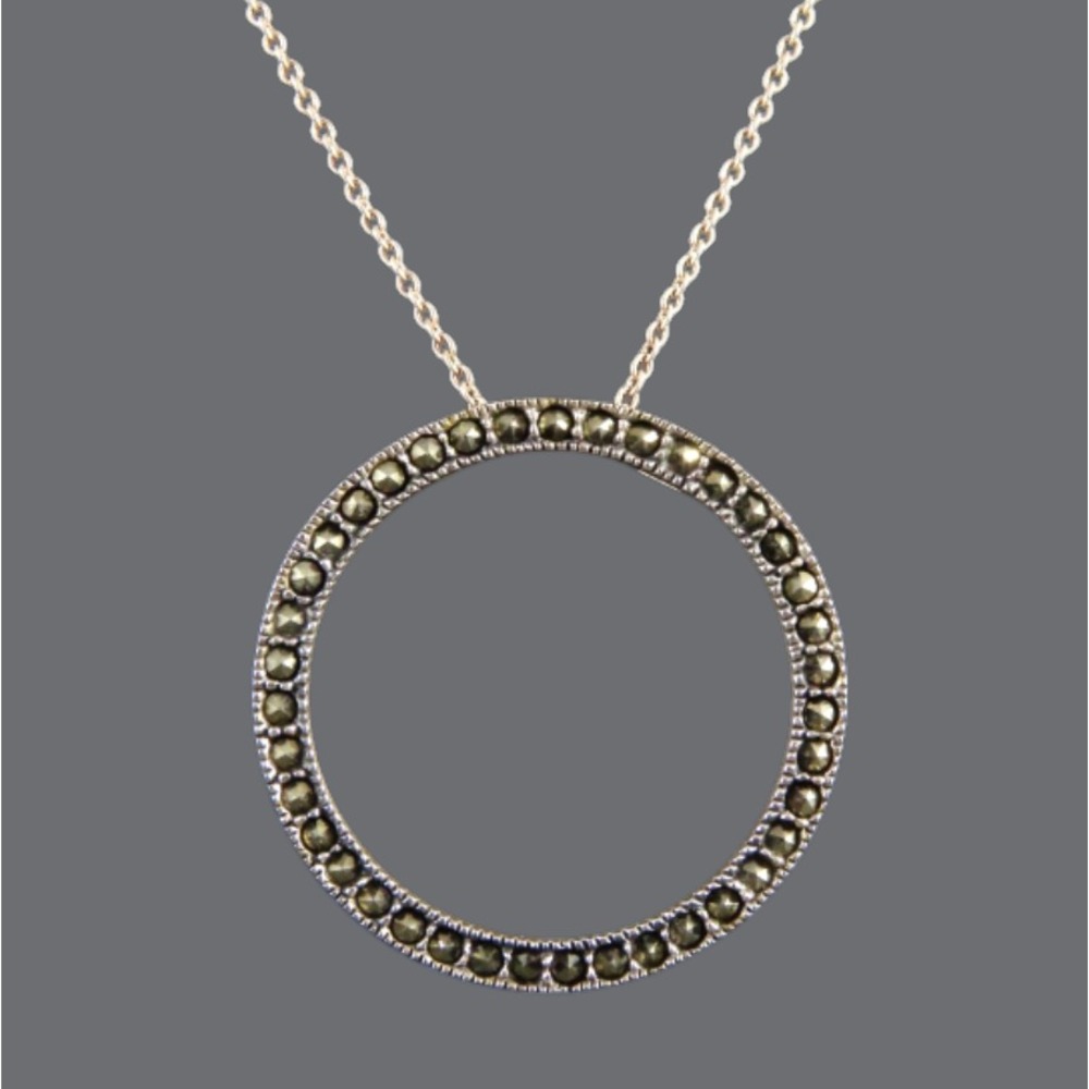 STERLING SILVER 18" Chain Necklace MARCASITE ETERNITY CIRCLE PENDANT Round Pave'